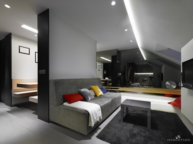 Interiorismo Ático-Piso-Vivienda en A Coruña. Salón, comedor, bancada corrida, chimenea bioetanol