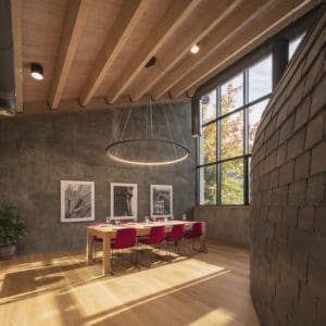 Lámpara Circular D2000 de Grok en Interiorismo Estratégico en comedor para clientes de CUPA Pizarras